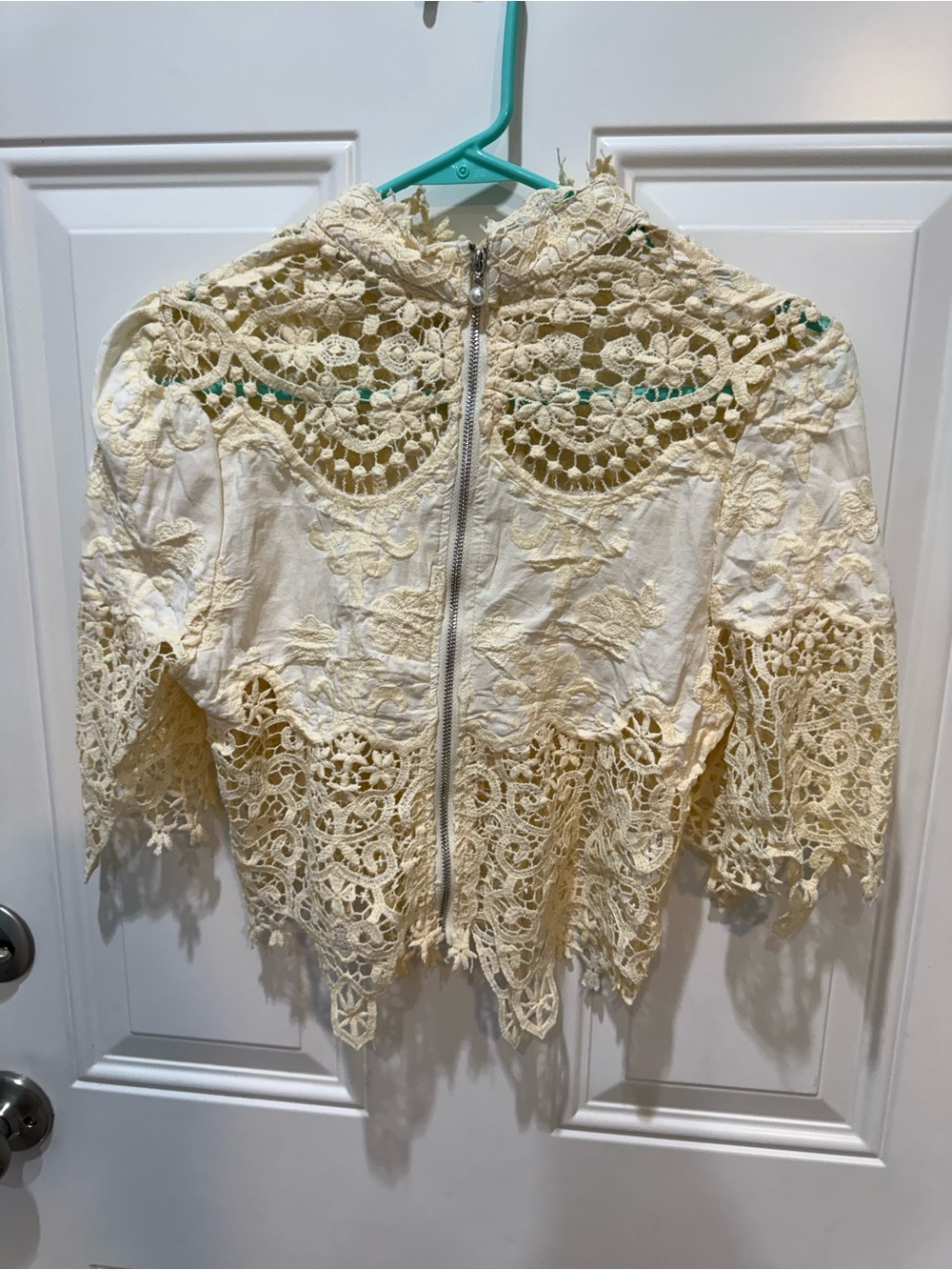 Cream Crochet Lace Zip-Front Crop Top - Women's Boho